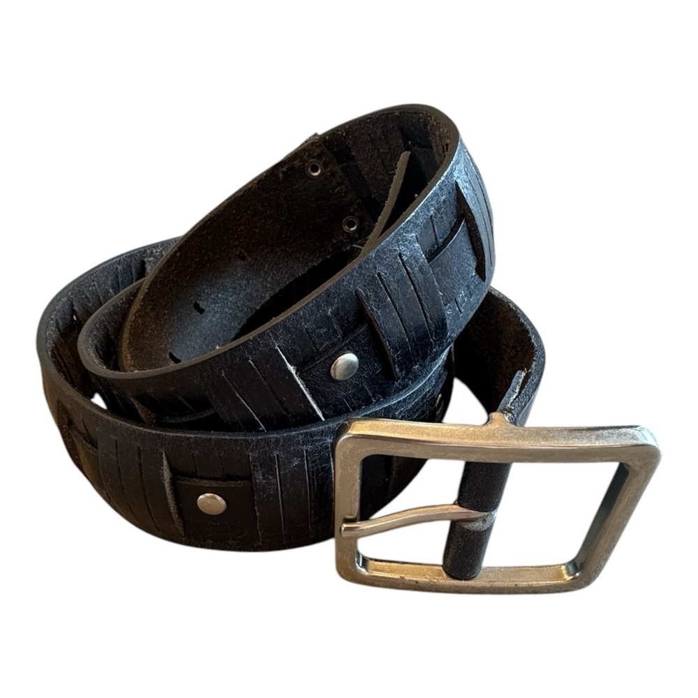 Calvin Klein Black Leather Woven Belt with Silver Buckle Women’s Large